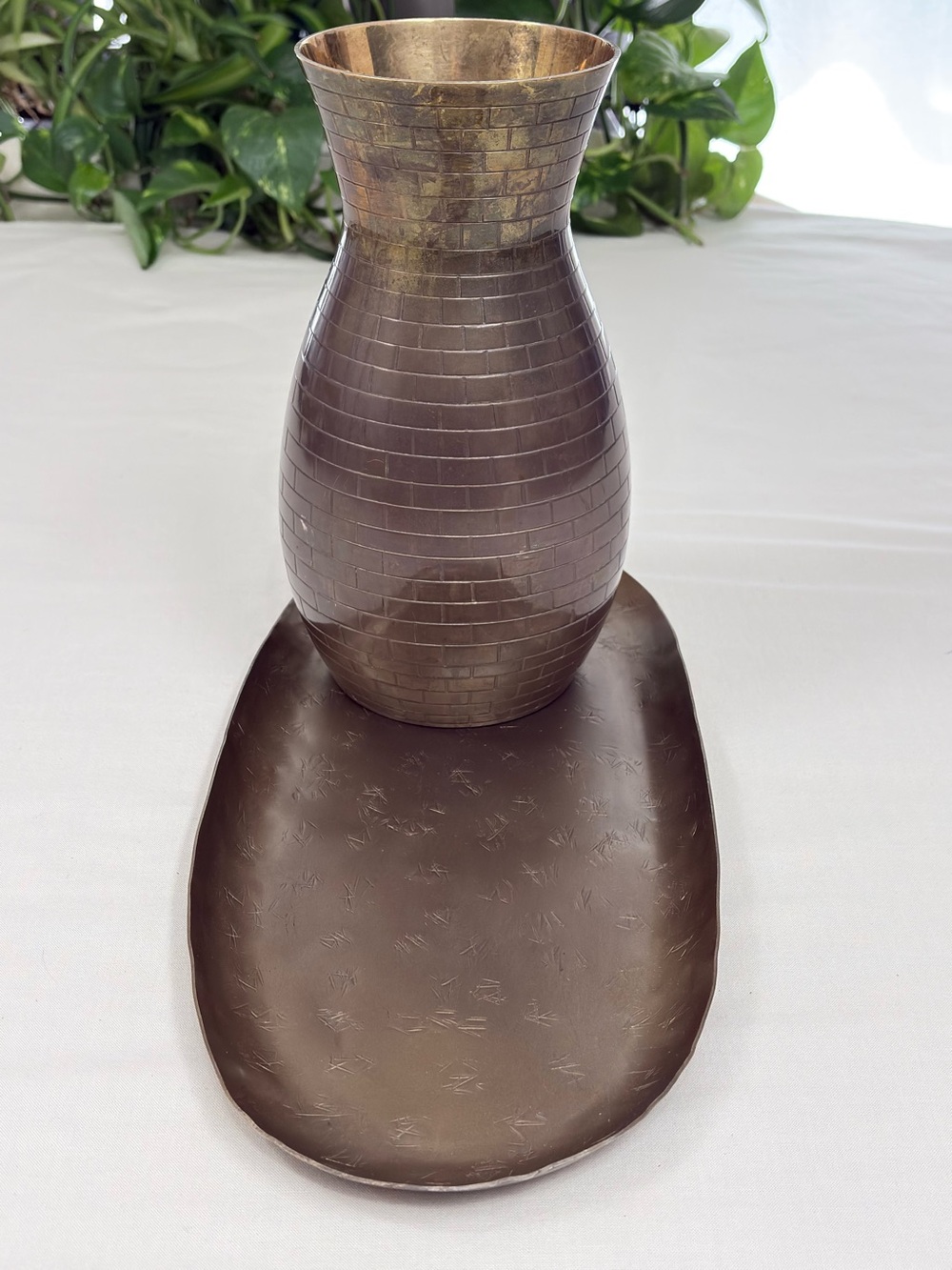 Vintage Brass Brick Vase & Park Hill Antique Gold Iron Tray Bundle set